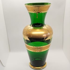Vintage vase Gold Gilded Czech Bohemian Emerald Green